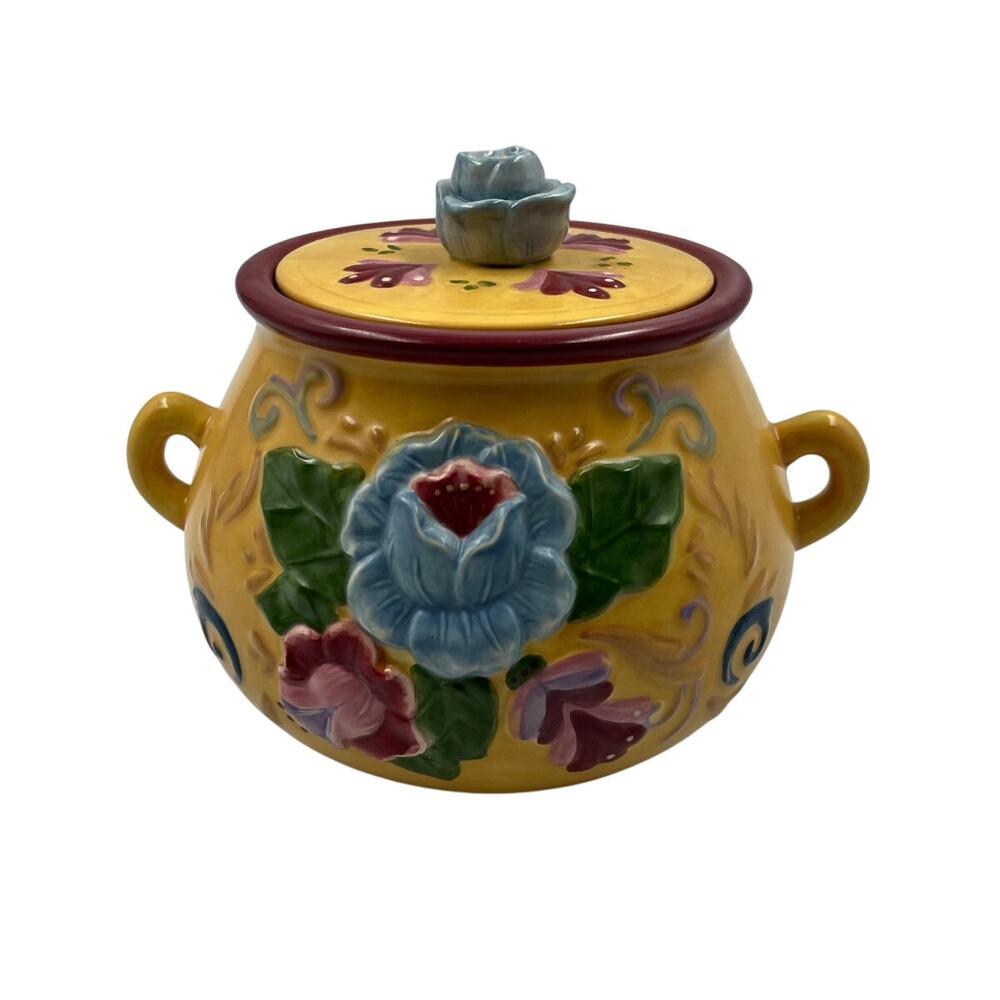 Jim Shore Heartwood Creek Crock Jar W Lid Ceramic Floral Cottage Core Folk Art